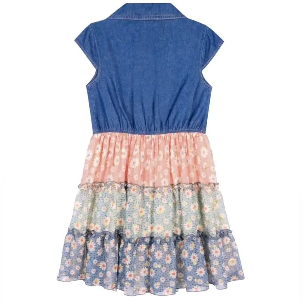 Zunie Girls Denim Daisy Floral Tiered Dress Size XS NWT